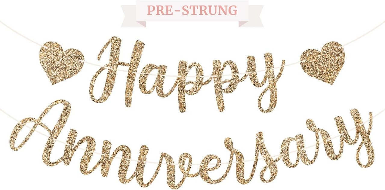 Pre-Strung Happy Anniversary Banner - Gold Glitter (Happy Anniversary - Gold)
